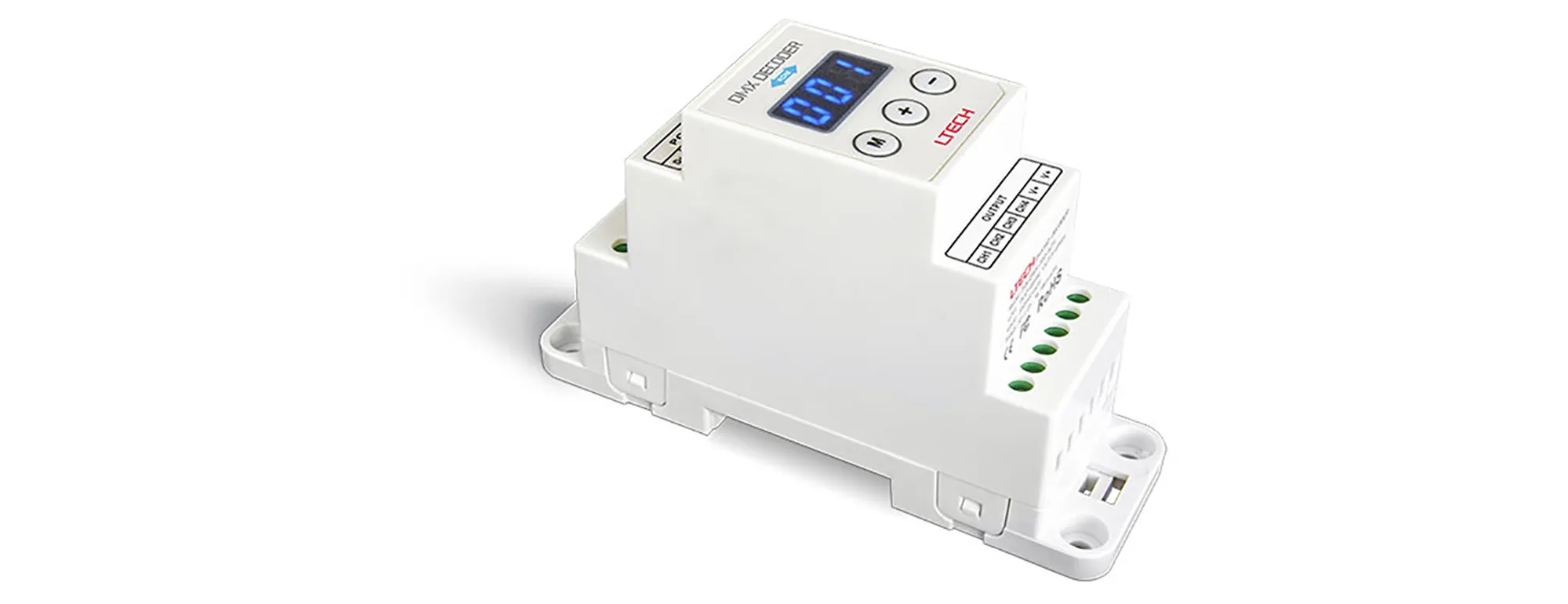 DIN-DMX-350-4CH  DIN-Rail 3CH DMX Decoder, 12-48V DC I/P, 350mA×4CH O/P, 64.4W, DMX512, RDM Dimming interface, IP20.